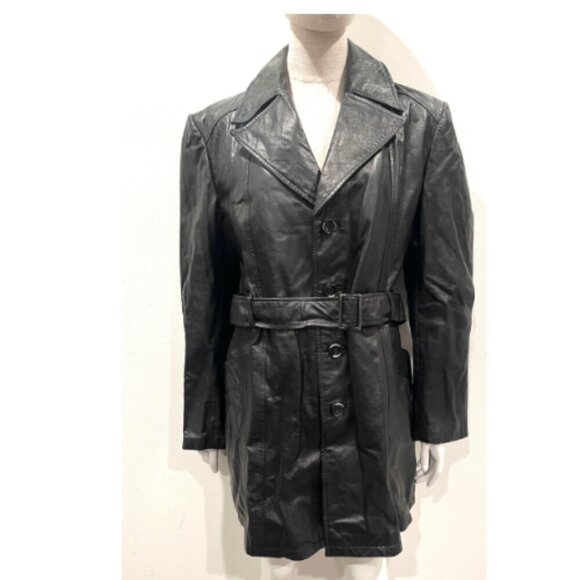 DUTCH BOY BLACK LEATHER TRENCH COAT - Picture 1 of 15